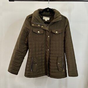 Y2K Michael Kors Olive Green Quilted Utility Jacket; Hooded Anorak; Gold Detail